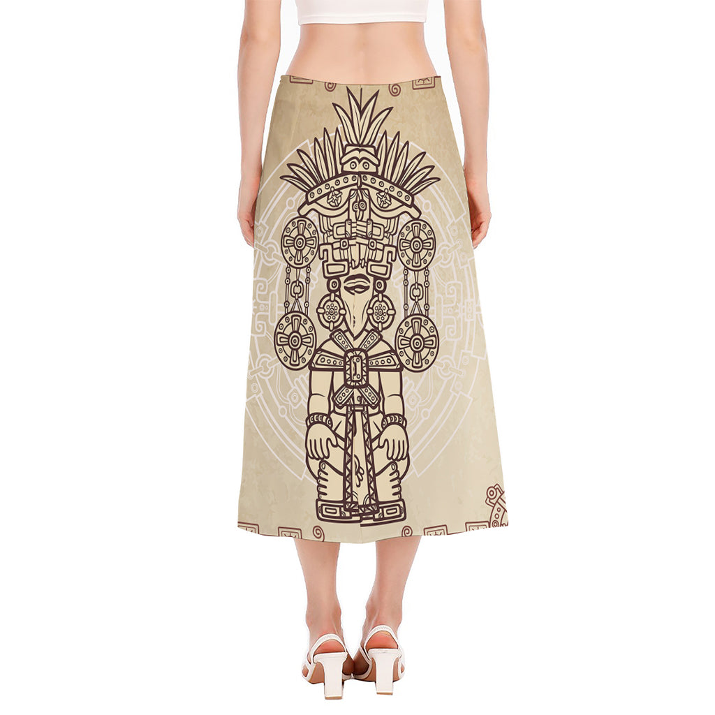 Ancient Mayan Statue Print Side Slit Midi Skirt