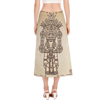 Ancient Mayan Statue Print Side Slit Midi Skirt
