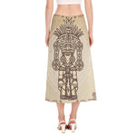 Ancient Mayan Statue Print Side Slit Midi Skirt