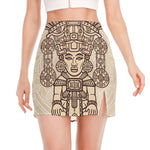 Ancient Mayan Statue Print Side Slit Mini Skirt