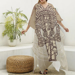 Ancient Mayan Statue Print Silk V-Neck Kaftan Dress