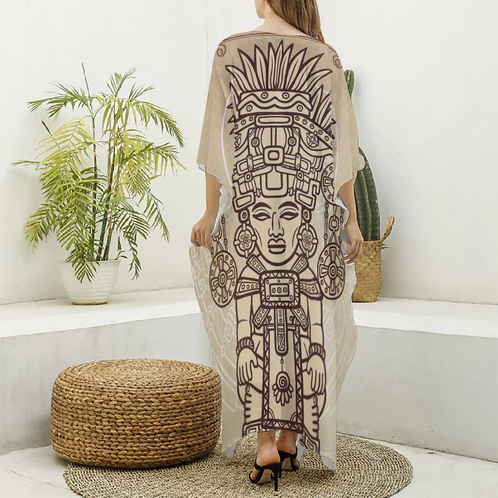 Ancient Mayan Statue Print Silk V-Neck Kaftan Dress