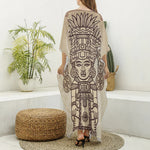 Ancient Mayan Statue Print Silk V-Neck Kaftan Dress