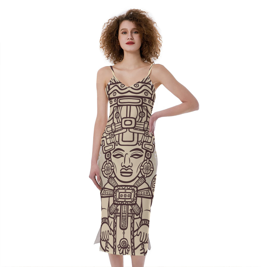 Ancient Mayan Statue Print Slim Fit Midi Cami Dress