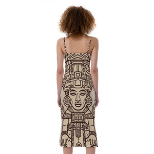 Ancient Mayan Statue Print Slim Fit Midi Cami Dress