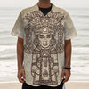 Ancient Mayan Statue Print Textured Short Sleeve Shirt