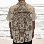 Ancient Mayan Statue Print Textured Short Sleeve Shirt