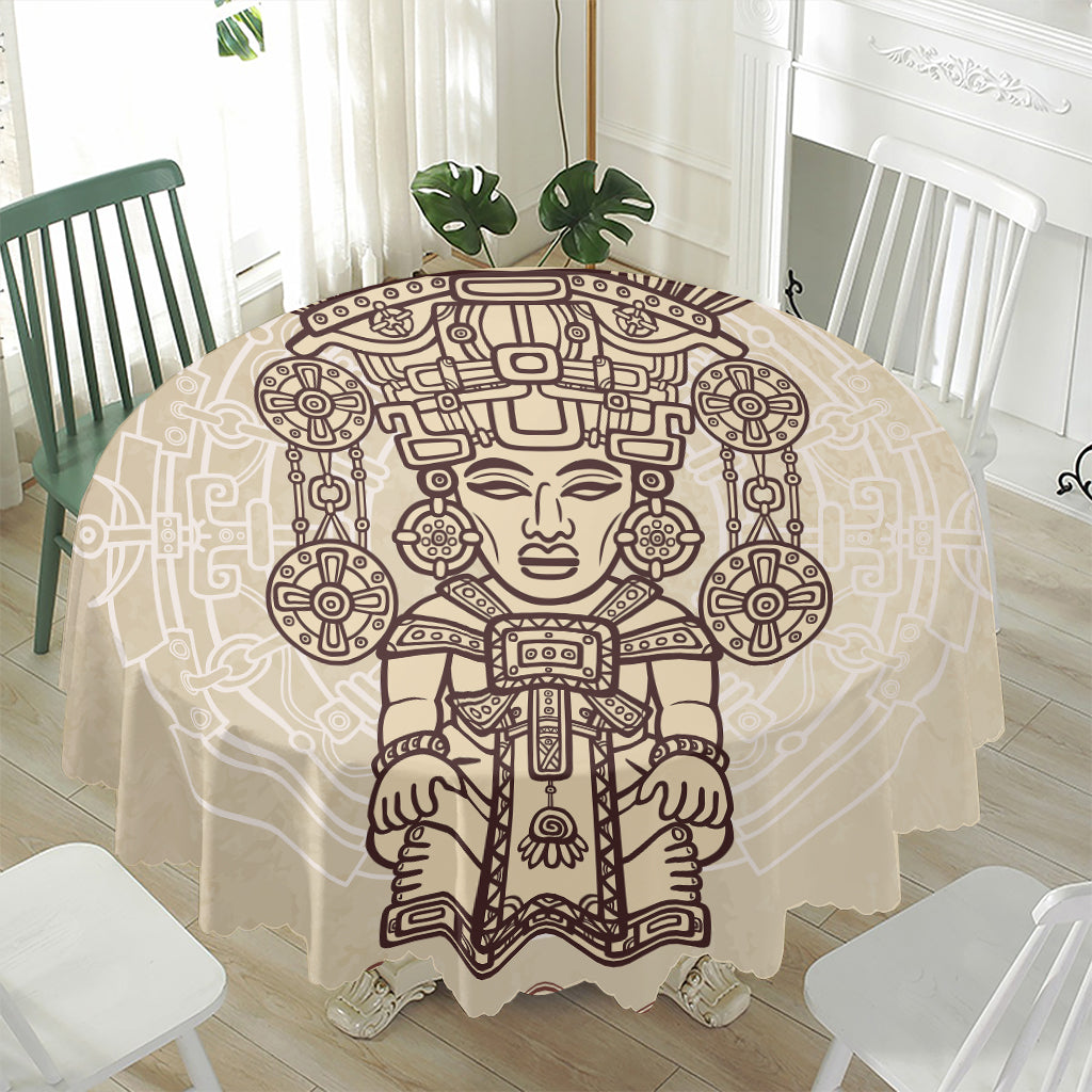 Ancient Mayan Statue Print Waterproof Round Tablecloth