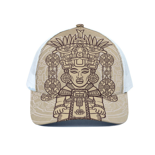 Ancient Mayan Statue Print White Mesh Trucker Cap