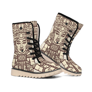 Ancient Mayan Statue Print Winter Boots