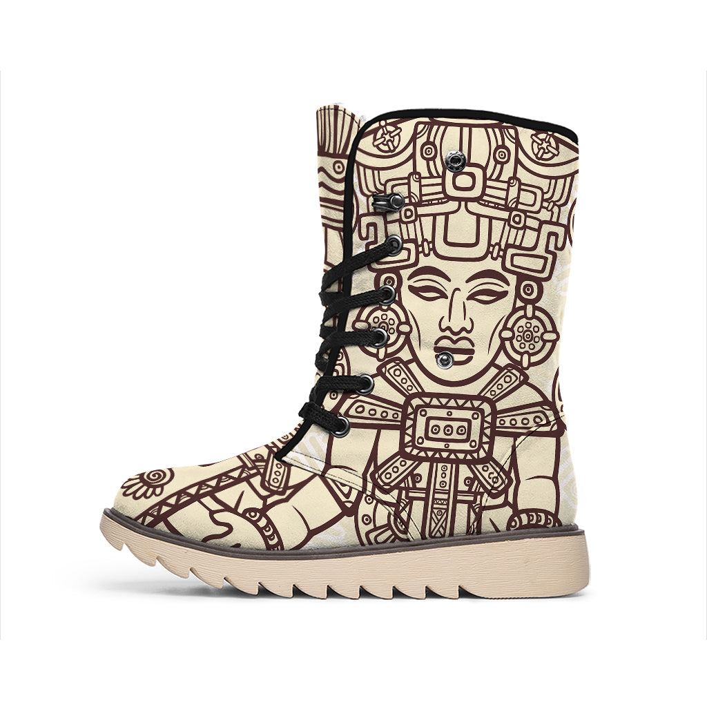 Ancient Mayan Statue Print Winter Boots