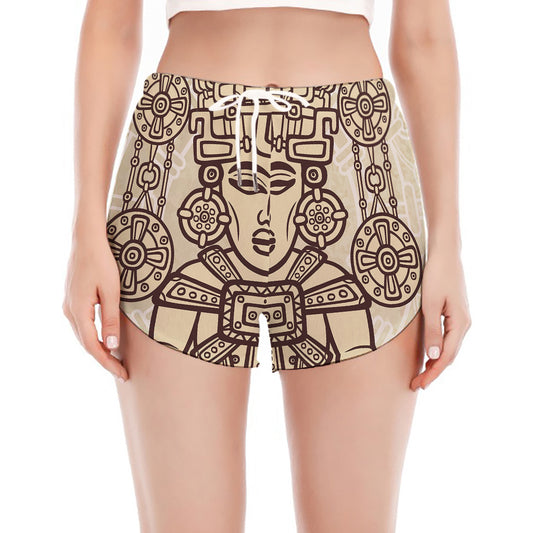 Ancient Mayan Statue Print Women's Split Running Shorts