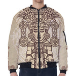 Ancient Mayan Statue Print Zip Sleeve Bomber Jacket