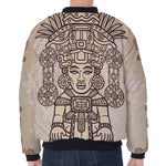 Ancient Mayan Statue Print Zip Sleeve Bomber Jacket