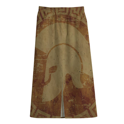Ancient Spartan Helmet Print Cotton Front Slit Maxi Skirt