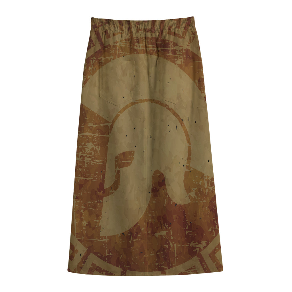 Ancient Spartan Helmet Print Cotton Front Slit Maxi Skirt