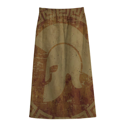 Ancient Spartan Helmet Print Cotton Front Slit Maxi Skirt
