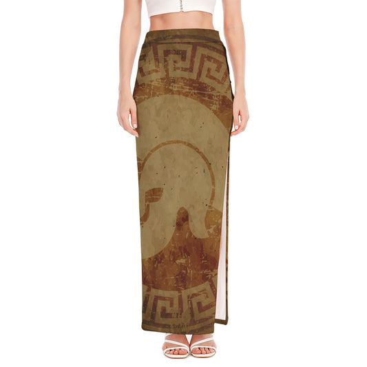 Ancient Spartan Helmet Print High Slit Maxi Skirt