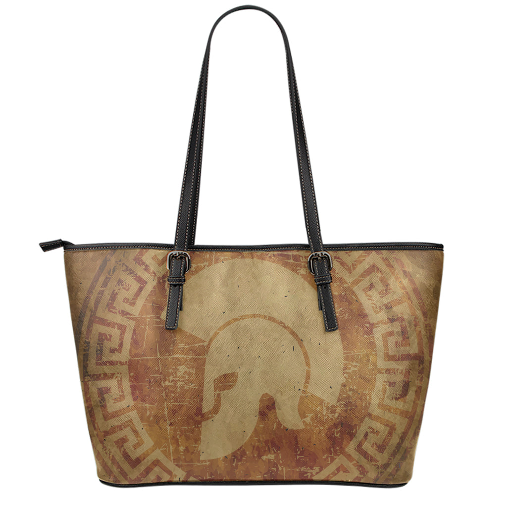 Ancient Spartan Helmet Print Leather Tote Bag