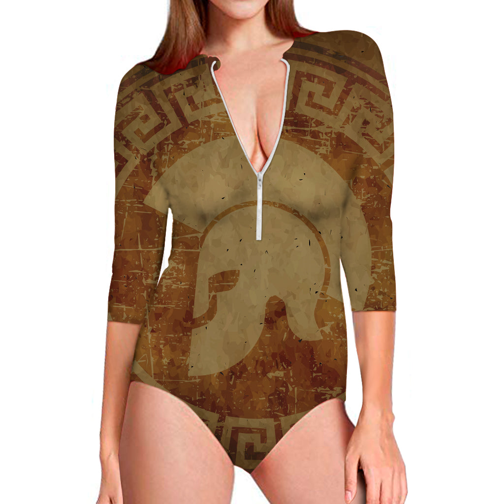 Ancient Spartan Helmet Print Long Sleeve Swimsuit