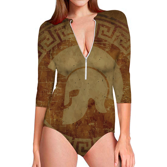 Ancient Spartan Helmet Print Long Sleeve Swimsuit