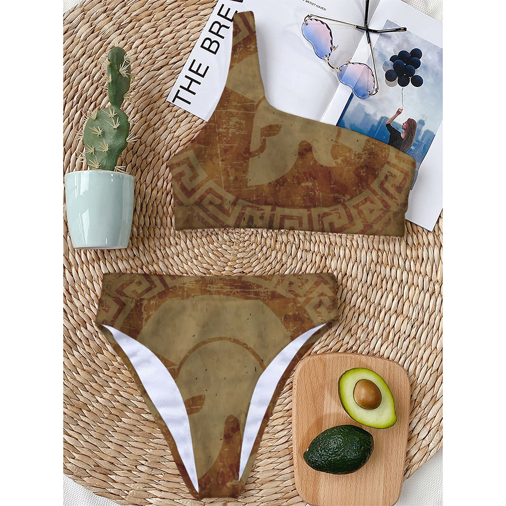 Ancient Spartan Helmet Print One Shoulder Bikini Top