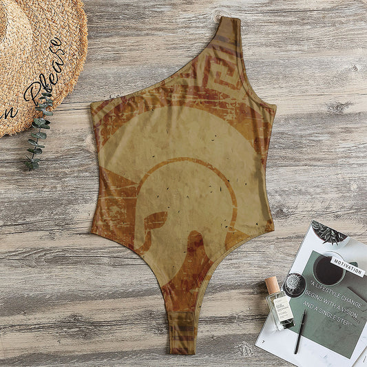 Ancient Spartan Helmet Print One Shoulder Bodysuit