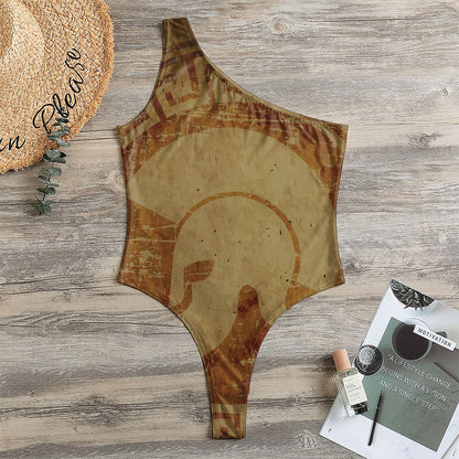Ancient Spartan Helmet Print One Shoulder Bodysuit