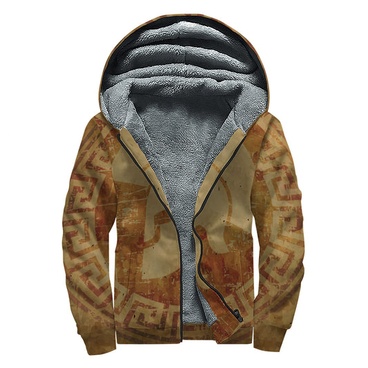 Ancient Spartan Helmet Print Sherpa Lined Zip Up Hoodie