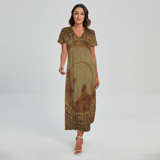 Ancient Spartan Helmet Print Short Sleeve Maxi Dress