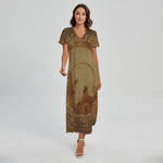 Ancient Spartan Helmet Print Short Sleeve Maxi Dress