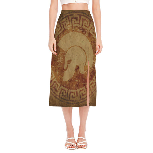 Ancient Spartan Helmet Print Side Slit Midi Skirt