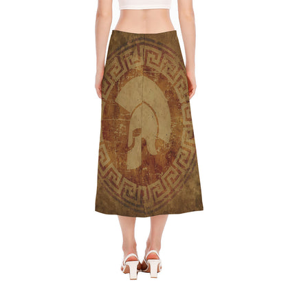 Ancient Spartan Helmet Print Side Slit Midi Skirt