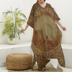 Ancient Spartan Helmet Print Silk V-Neck Kaftan Dress