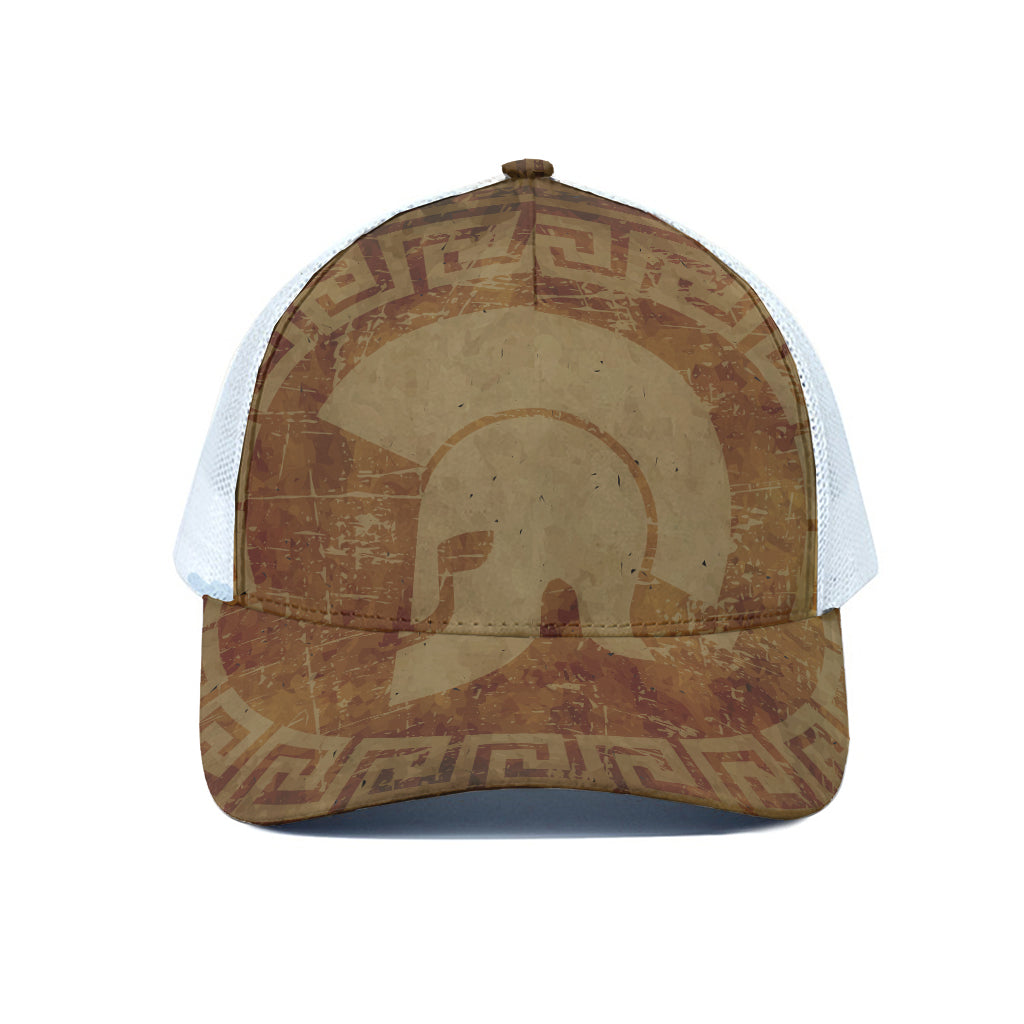 Ancient Spartan Helmet Print White Mesh Trucker Cap