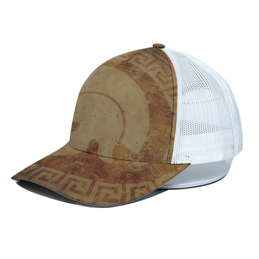 Ancient Spartan Helmet Print White Mesh Trucker Cap