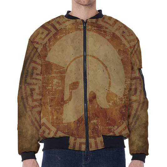 Ancient Spartan Helmet Print Zip Sleeve Bomber Jacket