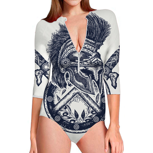 Ancient Spartan Print Long Sleeve Swimsuit