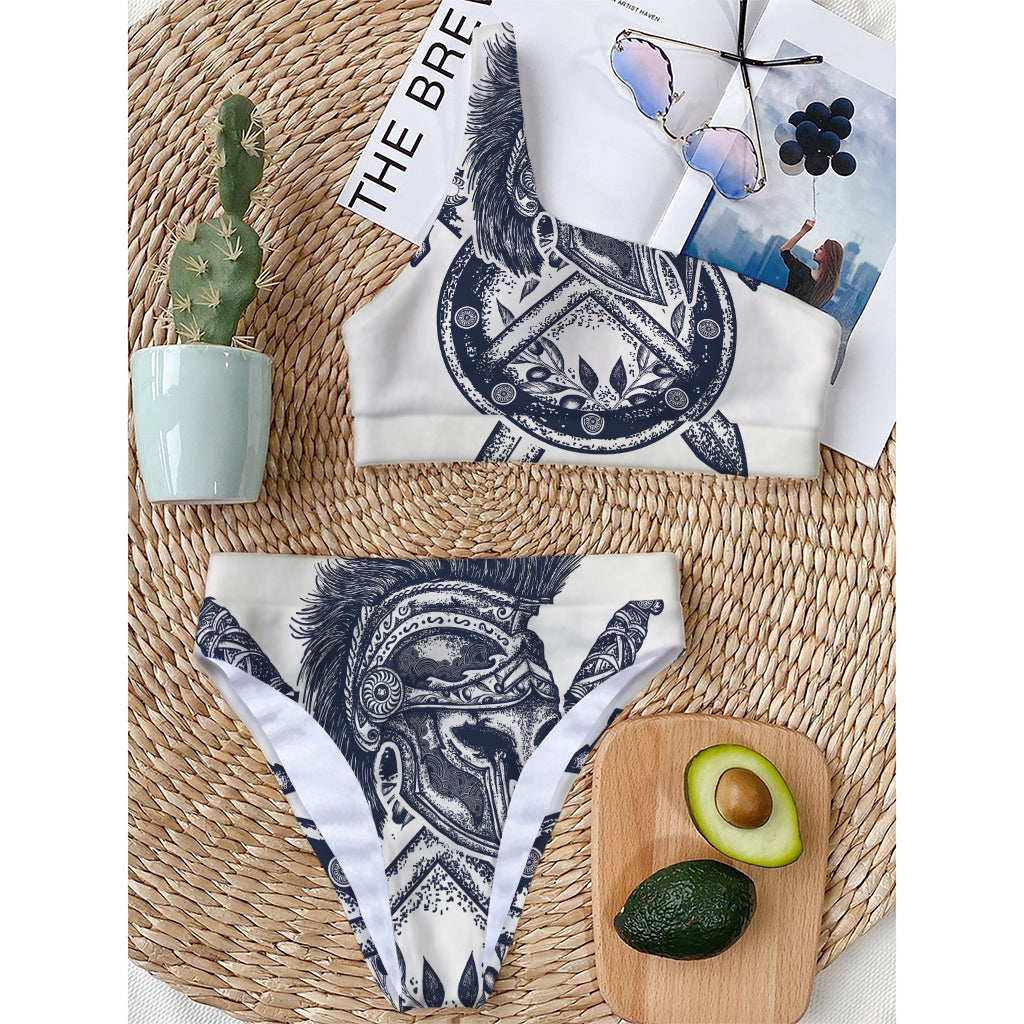 Ancient Spartan Print One Shoulder Bikini Top