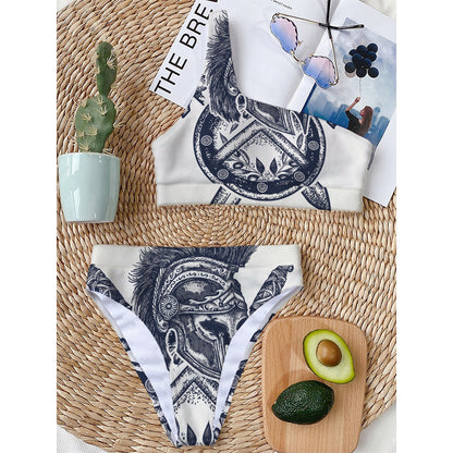 Ancient Spartan Print One Shoulder Bikini Top