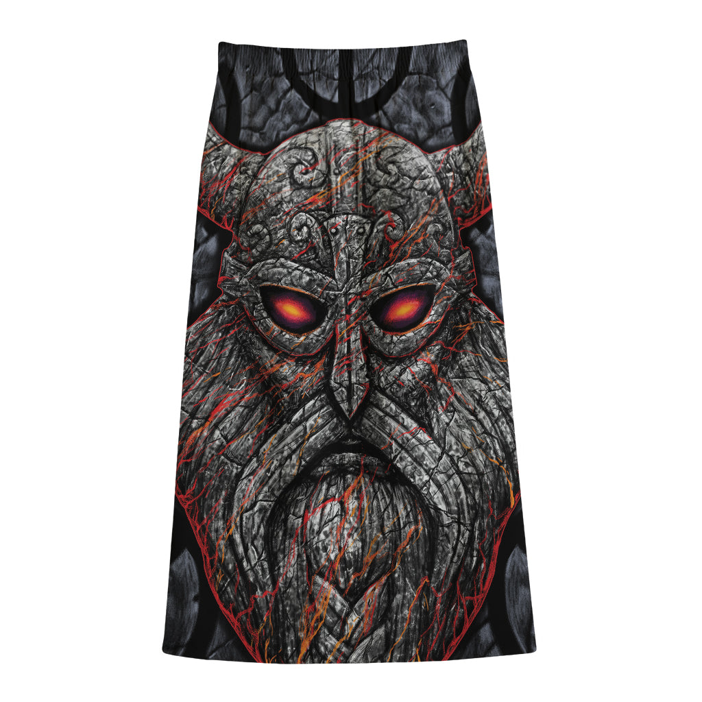Ancient Viking Norse God Odin Print Cotton Front Slit Maxi Skirt