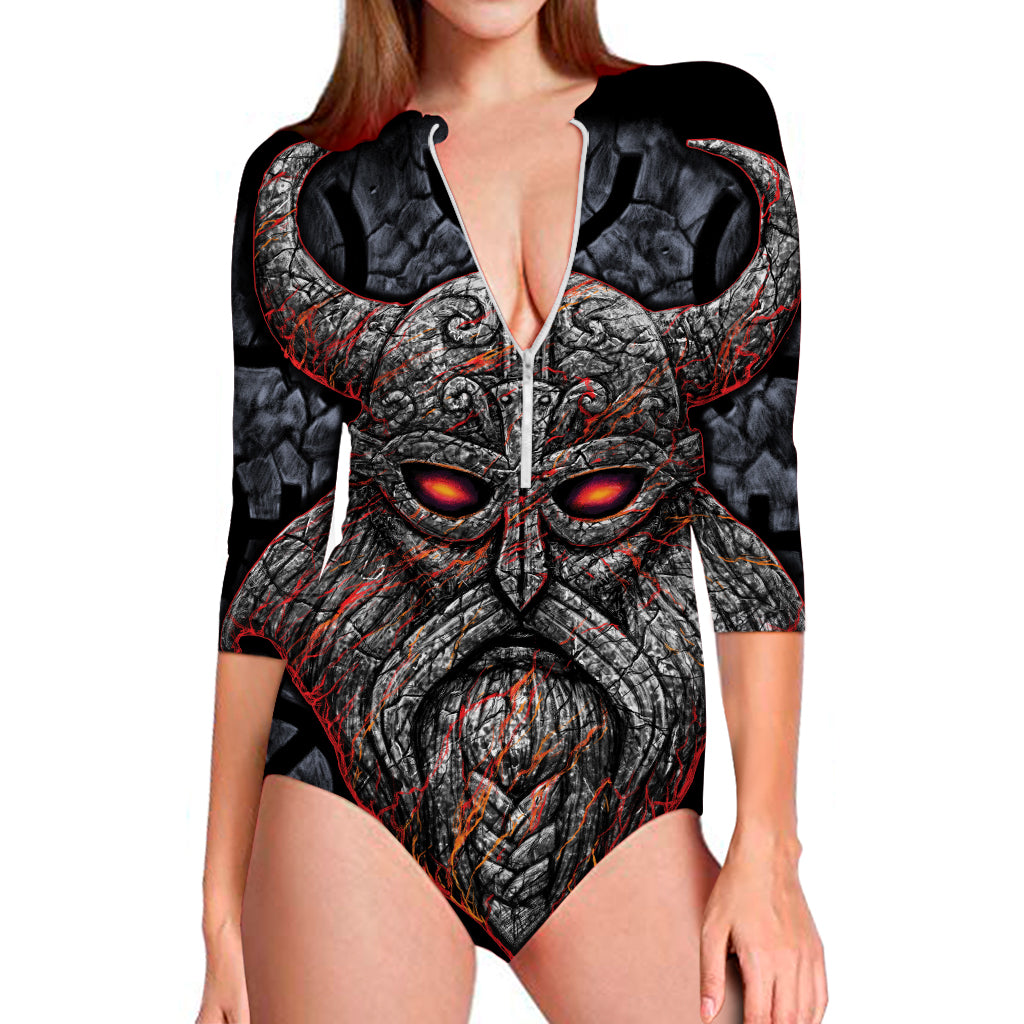 Ancient Viking Norse God Odin Print Long Sleeve Swimsuit