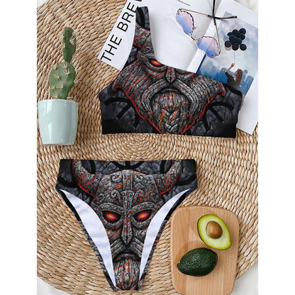 Ancient Viking Norse God Odin Print One Shoulder Bikini Top