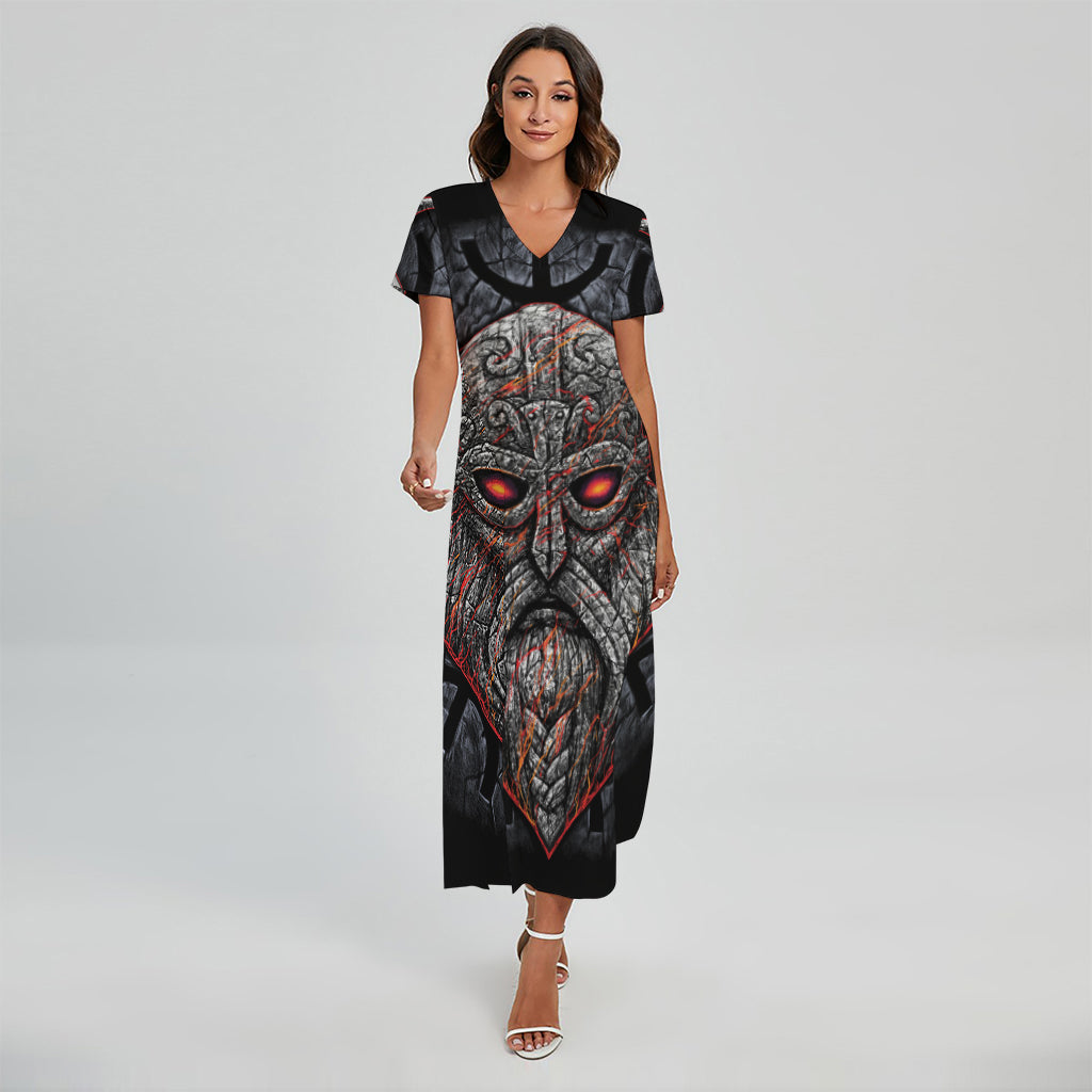 Ancient Viking Norse God Odin Print Short Sleeve Maxi Dress