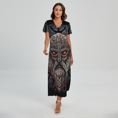 Ancient Viking Norse God Odin Print Short Sleeve Maxi Dress