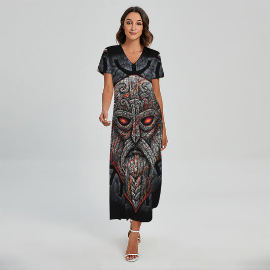 Ancient Viking Norse God Odin Print Short Sleeve Maxi Dress