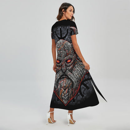 Ancient Viking Norse God Odin Print Short Sleeve Maxi Dress