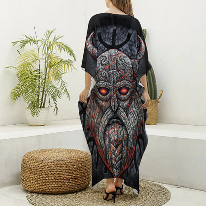 Ancient Viking Norse God Odin Print Silk V-Neck Kaftan Dress