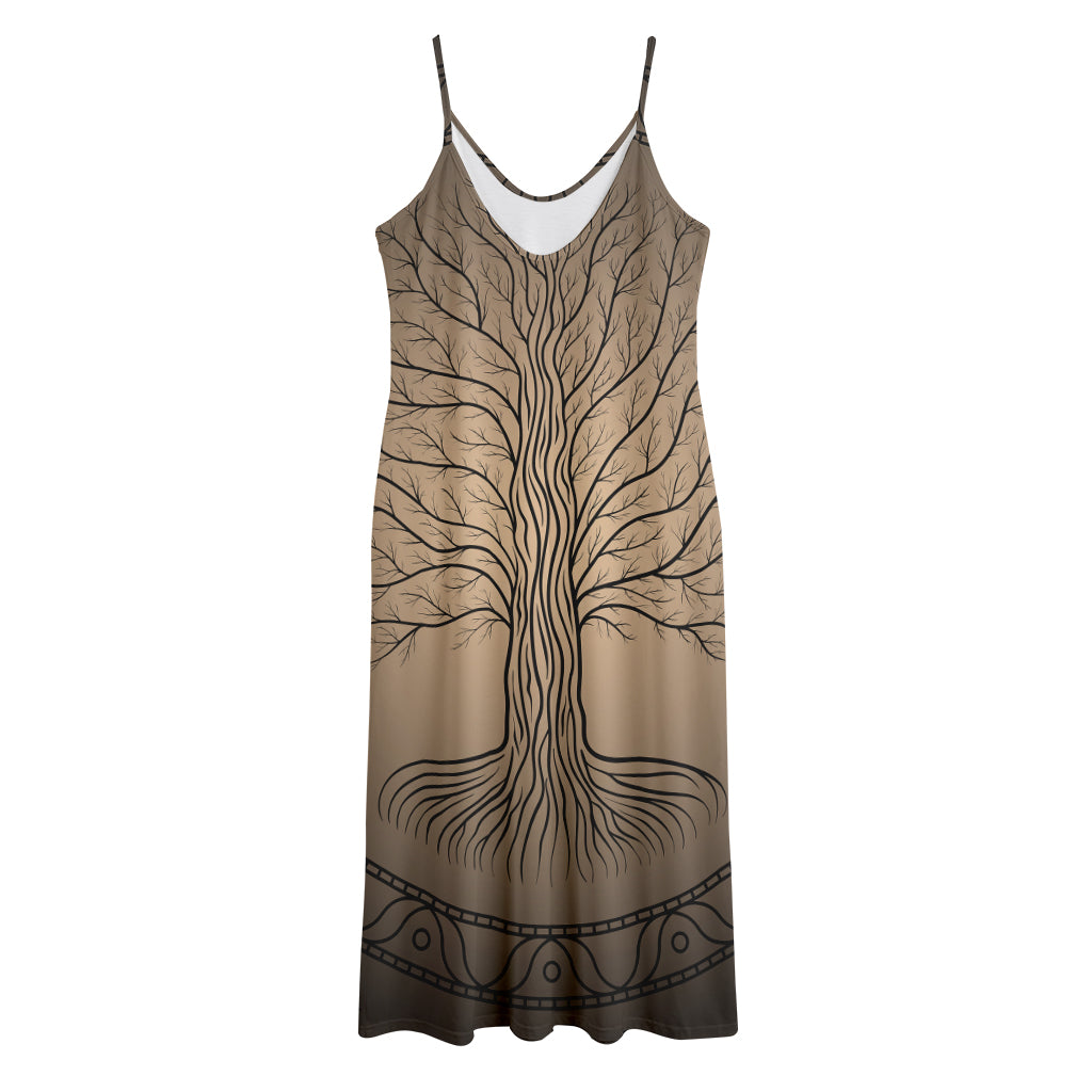 Ancient Yggdrasil Tree Print Jersey Midi Cami Dress