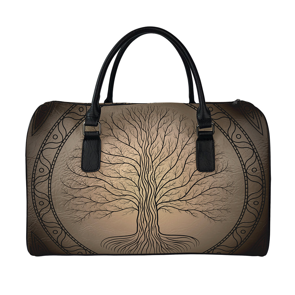 Ancient Yggdrasil Tree Print Leather Duffle Bag